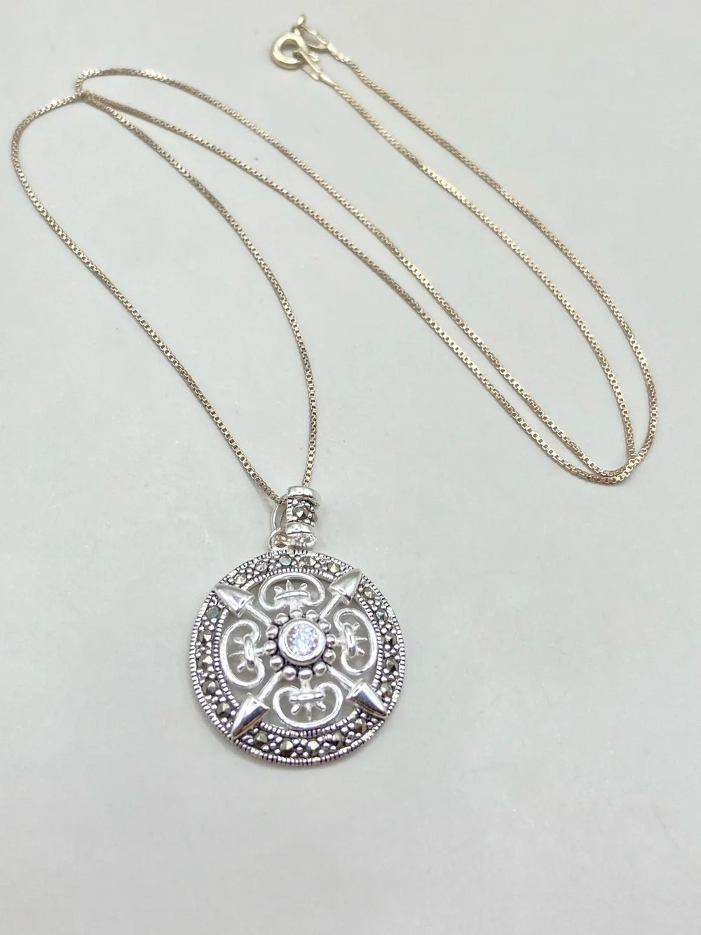 Sterling Silver Bali Shield Pendant with Cubic Zirconia and Marcasite